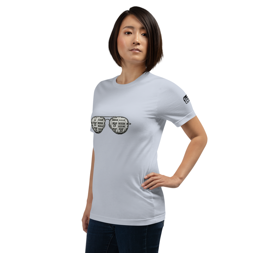 Woman wearing light gray t-shirt with slot machine sunglasses graphic, ideal for casino lovers and gaming fans.