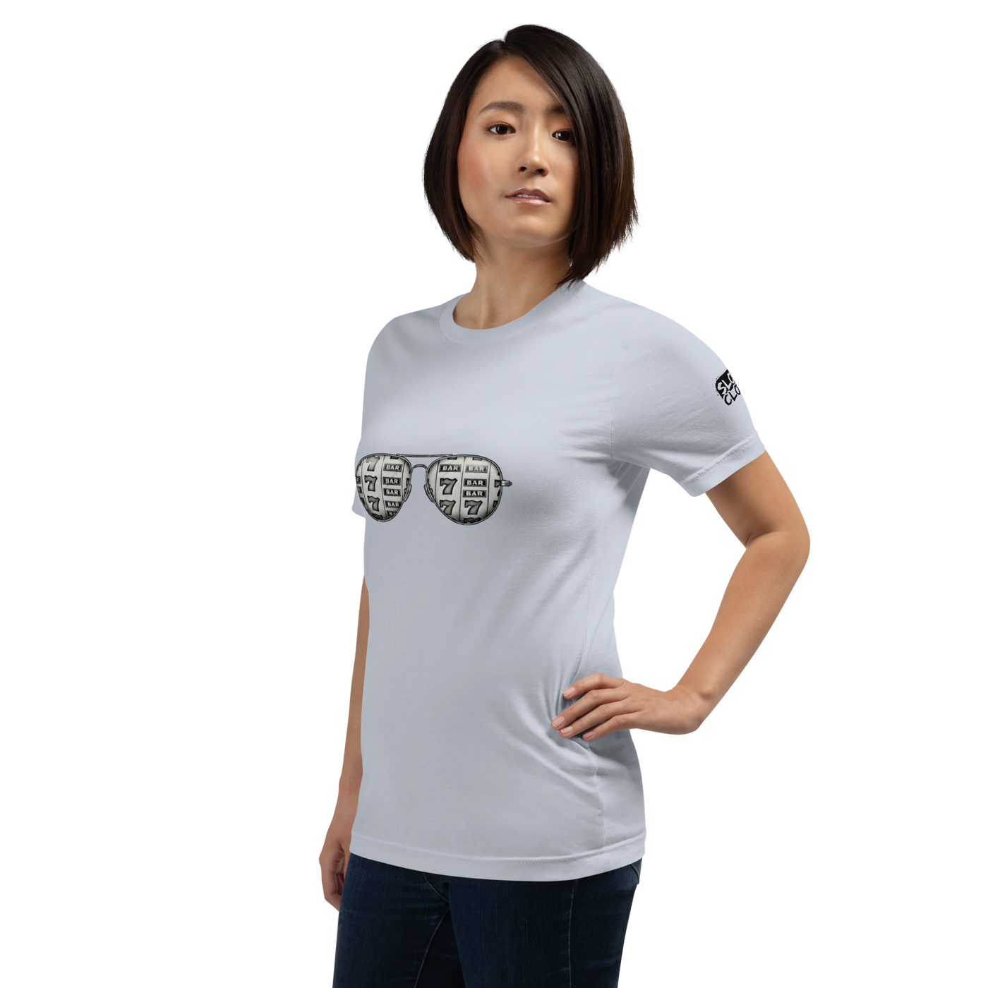 Woman wearing light gray t-shirt with slot machine sunglasses graphic, ideal for casino lovers and gaming fans.