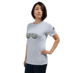 Woman wearing light gray t-shirt with slot machine sunglasses graphic, ideal for casino lovers and gaming fans.