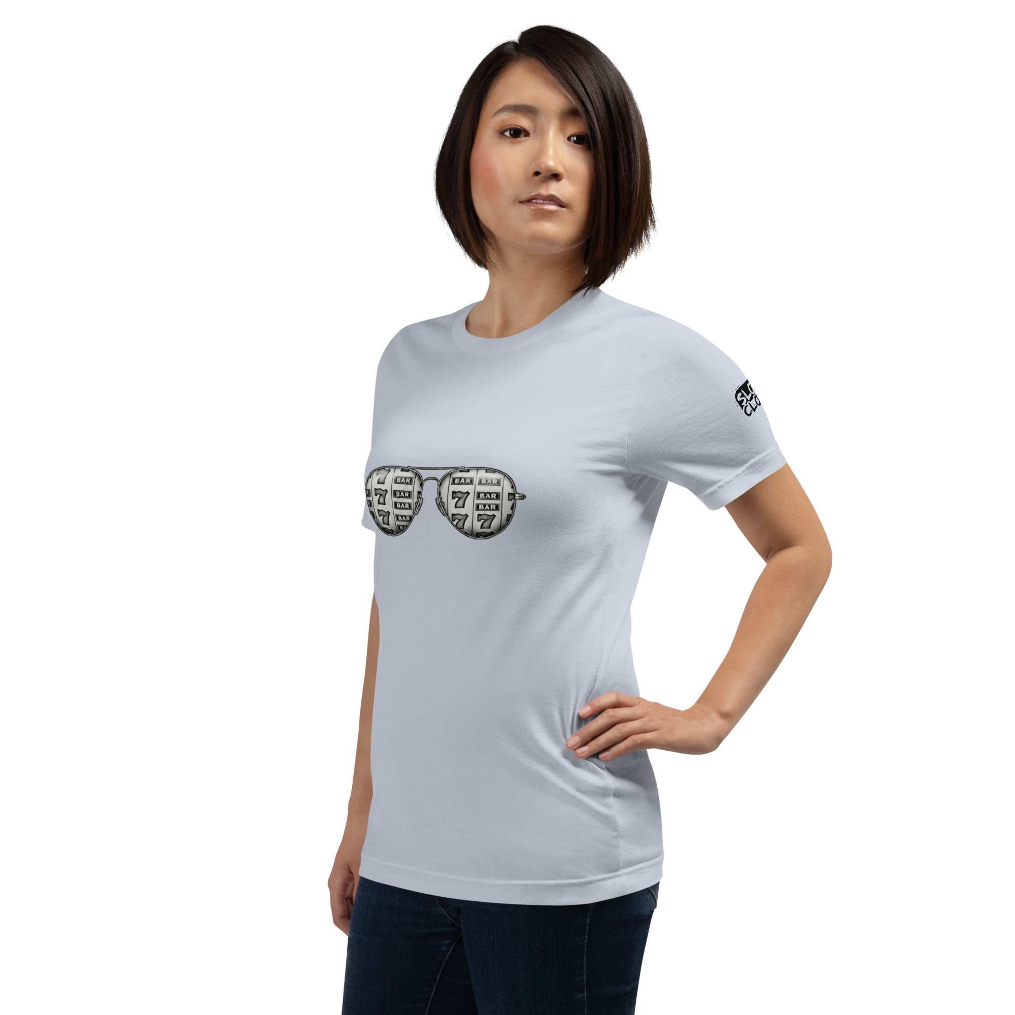 Woman wearing light gray t-shirt with slot machine sunglasses graphic, ideal for casino lovers and gaming fans.