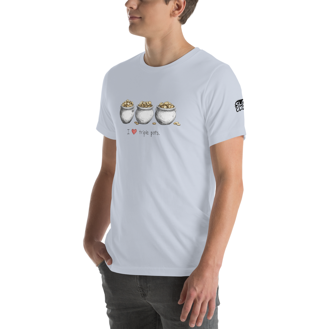 White t-shirt with 'I ❤️ triple pots' graphic, featuring three pots of gold coins, perfect for slot lovers.