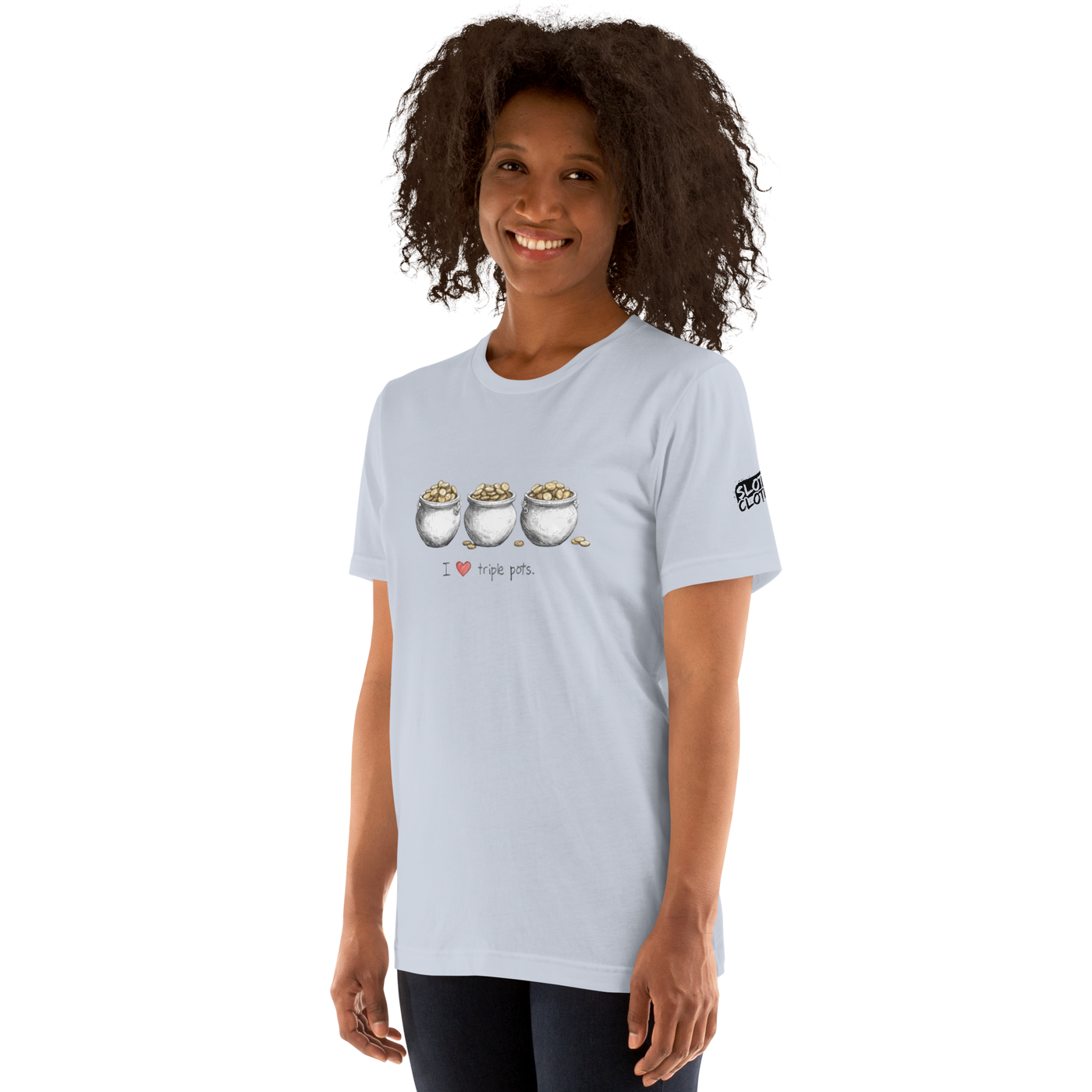 Light blue t-shirt with 'I ❤️ triple pots' design featuring three pots of gold, perfect for slot enthusiasts.