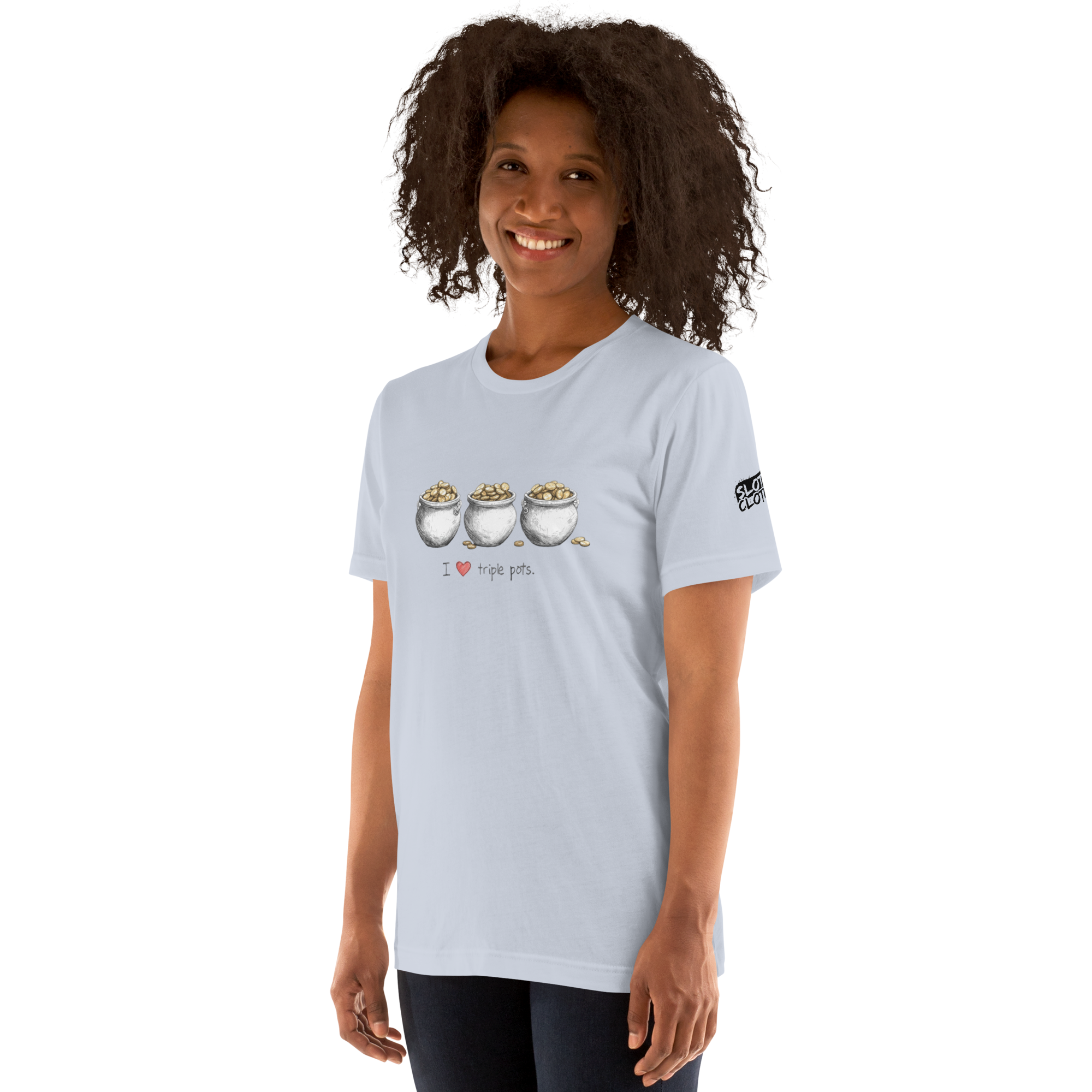 Light blue t-shirt with 'I ❤️ triple pots' design featuring three pots of gold, perfect for slot enthusiasts.