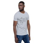 Man wearing white t-shirt with slot machine schematic diagram, quirky gaming apparel for players