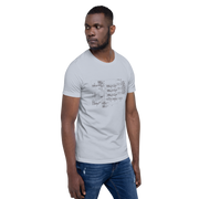 Man wearing white t-shirt with slot machine schematic diagram, quirky gaming apparel for players
