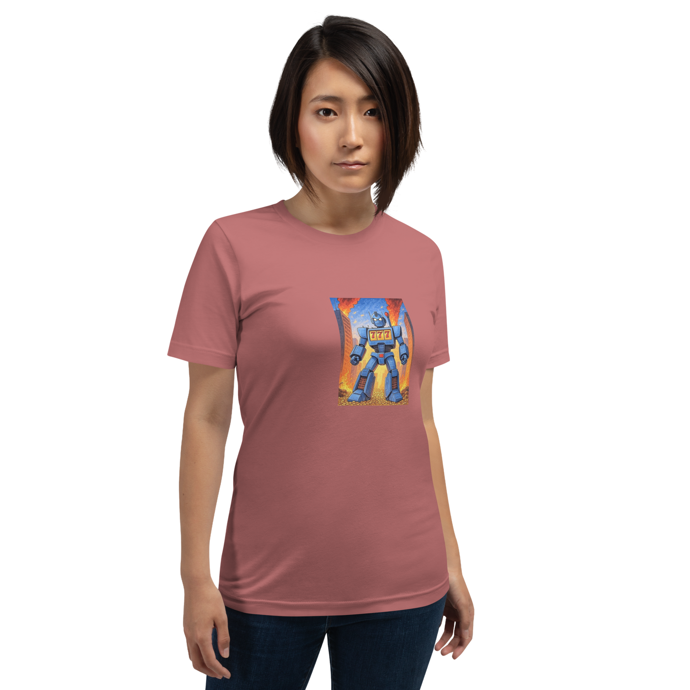 Pink t-shirt with blue robot and 777 design, quirky slot-themed apparel for players