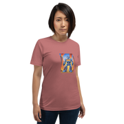 Pink t-shirt with blue robot and 777 design, quirky slot-themed apparel for players