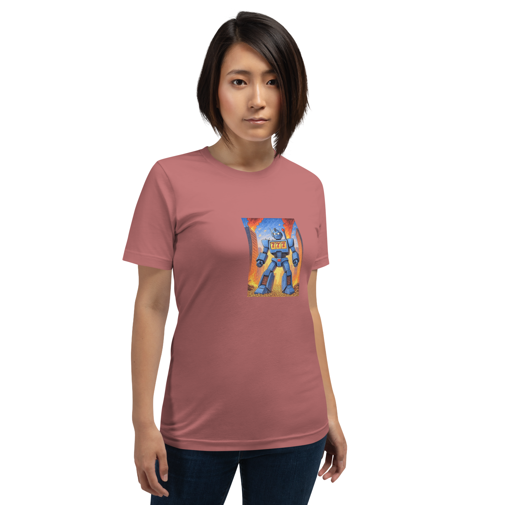 Pink t-shirt with blue robot and 777 design, quirky slot-themed apparel for players