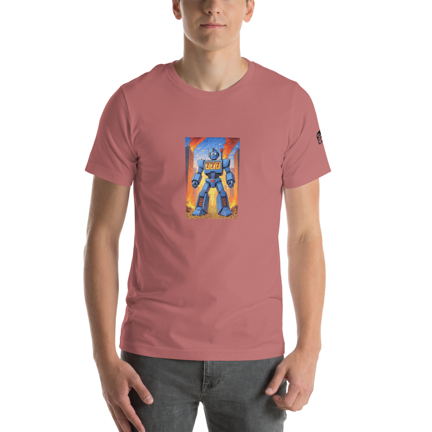 Pink t-shirt with blue robot slot machine graphic, 777 design, fiery city background