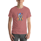 Pink t-shirt with blue robot slot machine graphic, 777 design, fiery city background