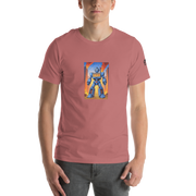 Pink t-shirt with blue robot slot machine graphic, 777 design, fiery city background