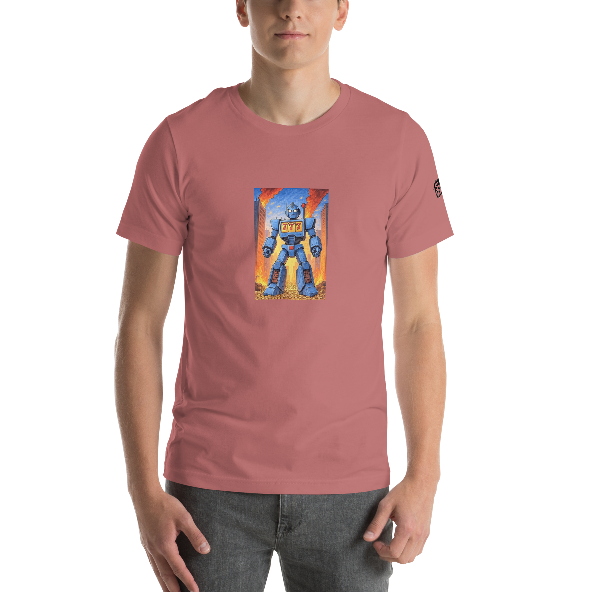 Pink t-shirt with blue robot slot machine graphic, 777 design, fiery city background