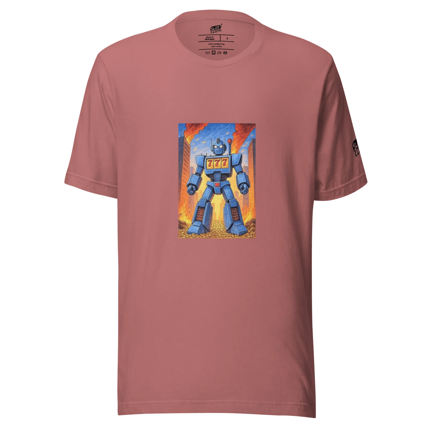 Pink t-shirt with blue robot graphic featuring 777, coins, and city flames for slot-themed fashion