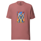 Pink t-shirt with blue robot graphic featuring 777, coins, and city flames for slot-themed fashion