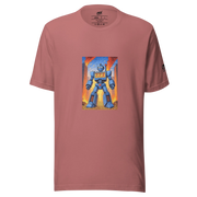 Pink t-shirt with blue robot graphic featuring 777, coins, and city flames for slot-themed fashion