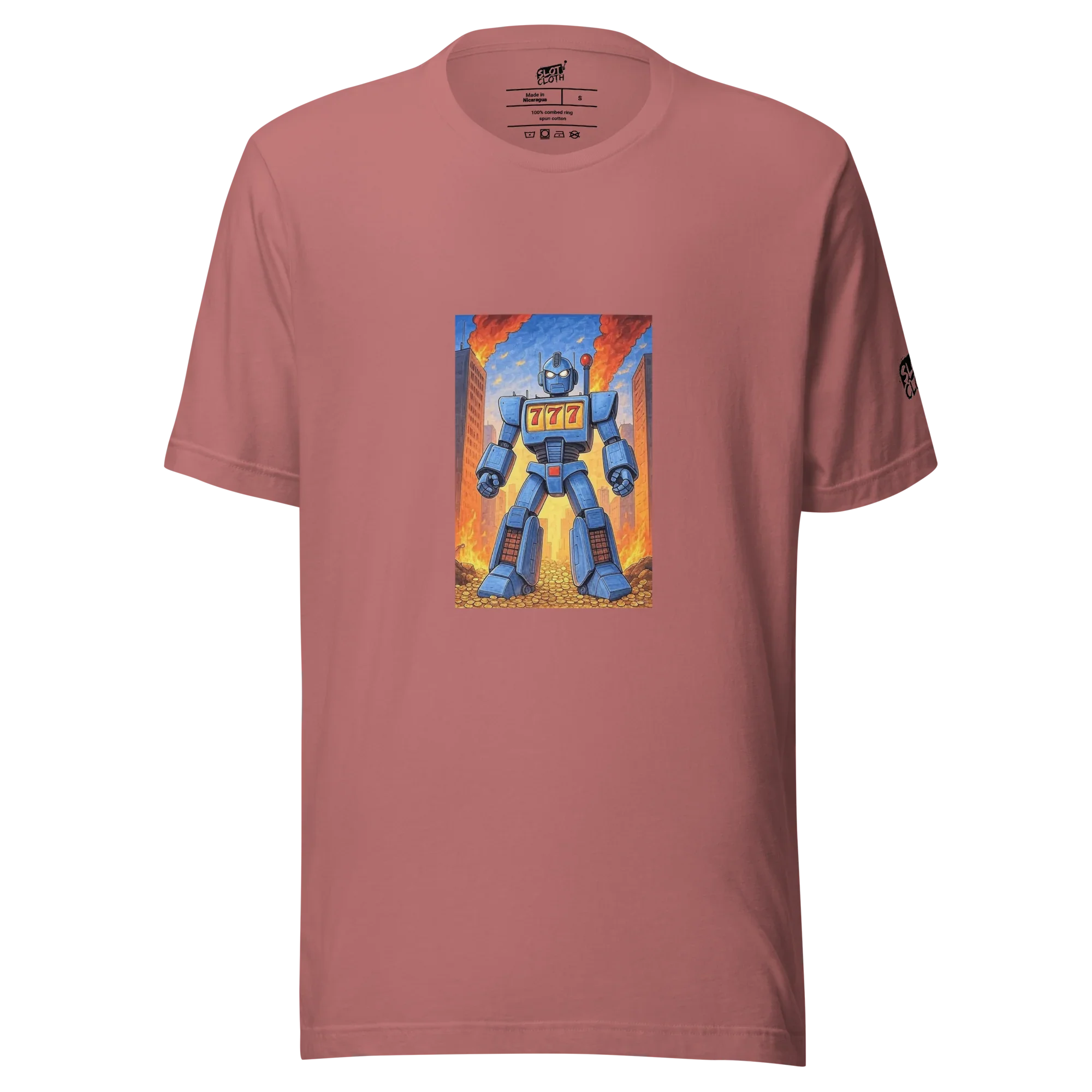 Pink t-shirt with blue robot graphic featuring 777, coins, and city flames for slot-themed fashion