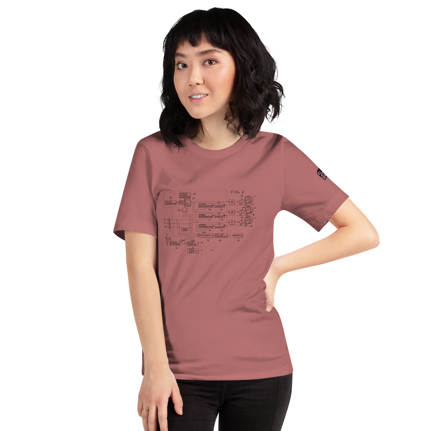 Woman wearing dusty rose t-shirt with slot machine schematic design, quirky and smart apparel for players