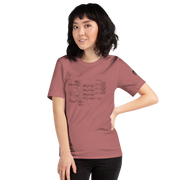 Woman wearing dusty rose t-shirt with slot machine schematic design, quirky and smart apparel for players