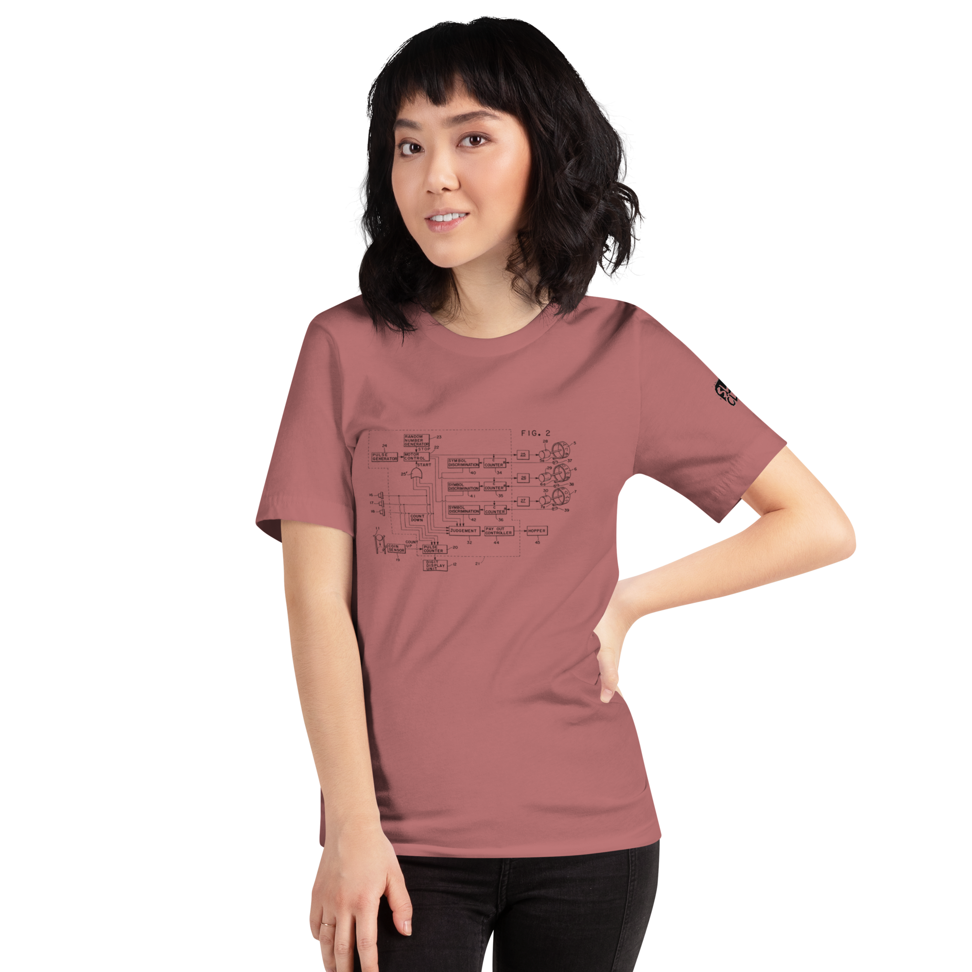 Woman wearing dusty rose t-shirt with slot machine schematic design, quirky and smart apparel for players