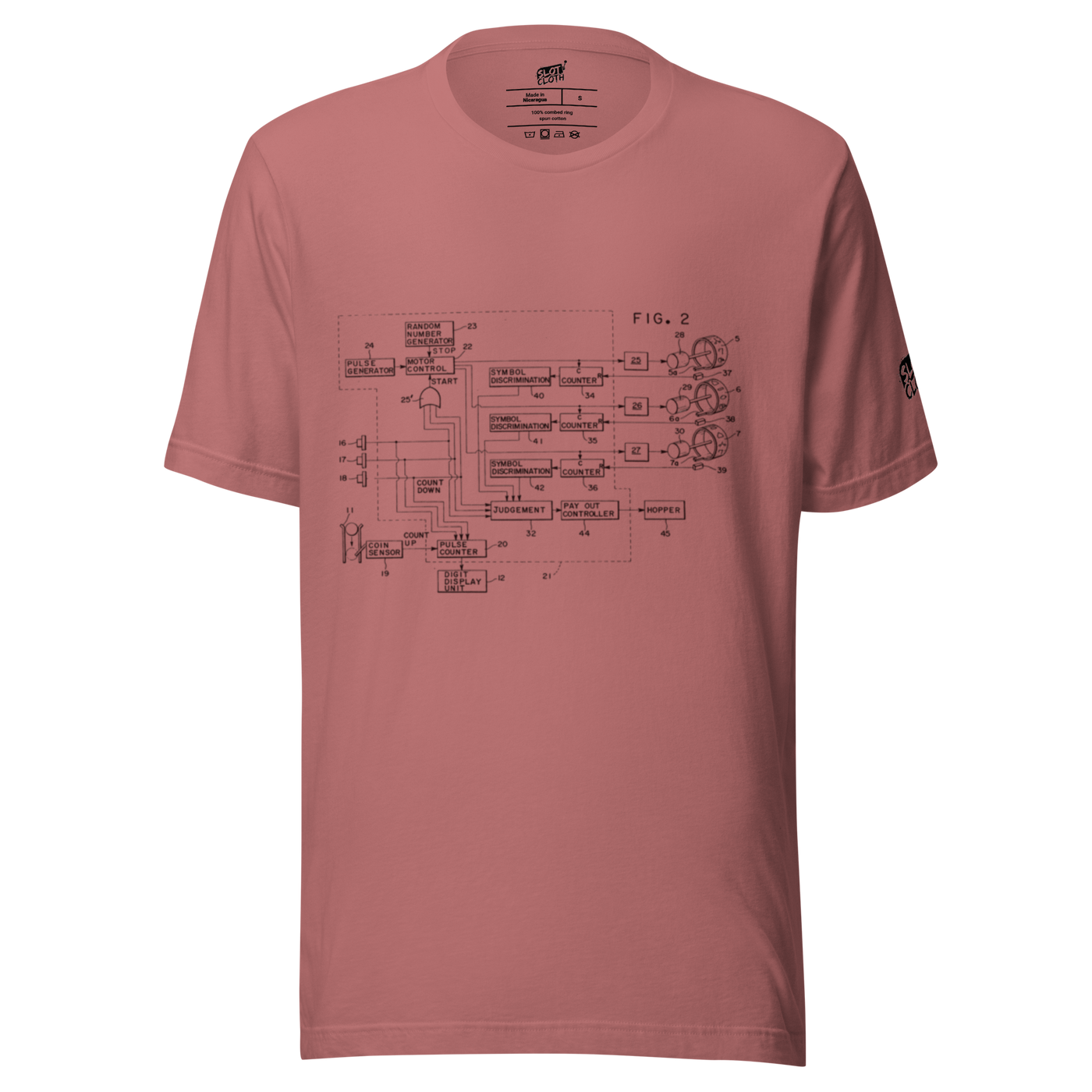 Pink t-shirt with slot machine schematic diagram, quirky gaming apparel for players and pros