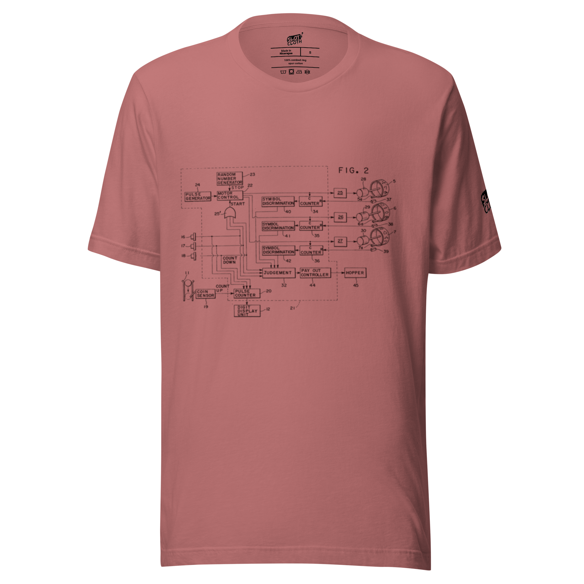 Pink t-shirt with slot machine schematic diagram, quirky gaming apparel for players and pros