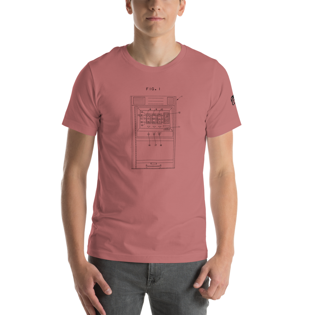 Pink t-shirt with slot machine patent diagram design, quirky casino-themed apparel for players