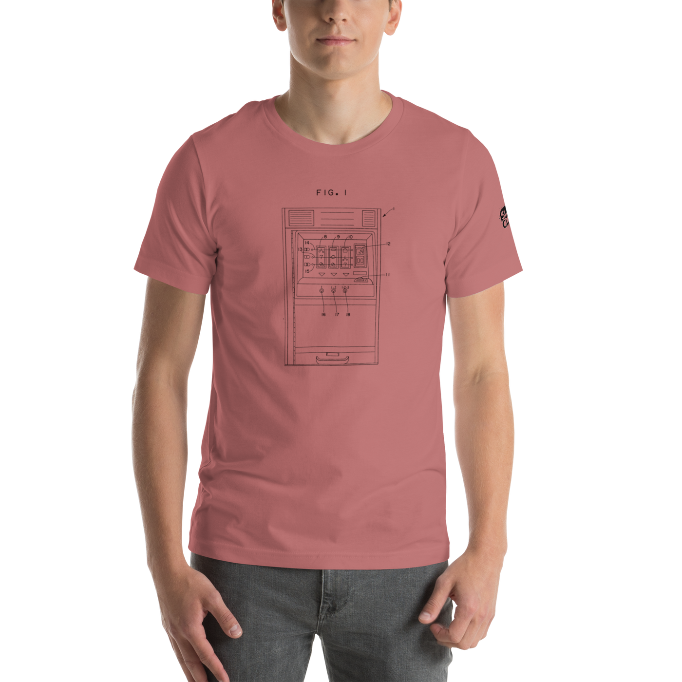 Pink t-shirt with slot machine patent diagram design, quirky casino-themed apparel for players