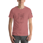Pink t-shirt with slot machine patent diagram design, quirky casino-themed apparel for players