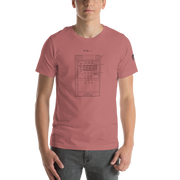 Pink t-shirt with slot machine patent diagram design, quirky casino-themed apparel for players