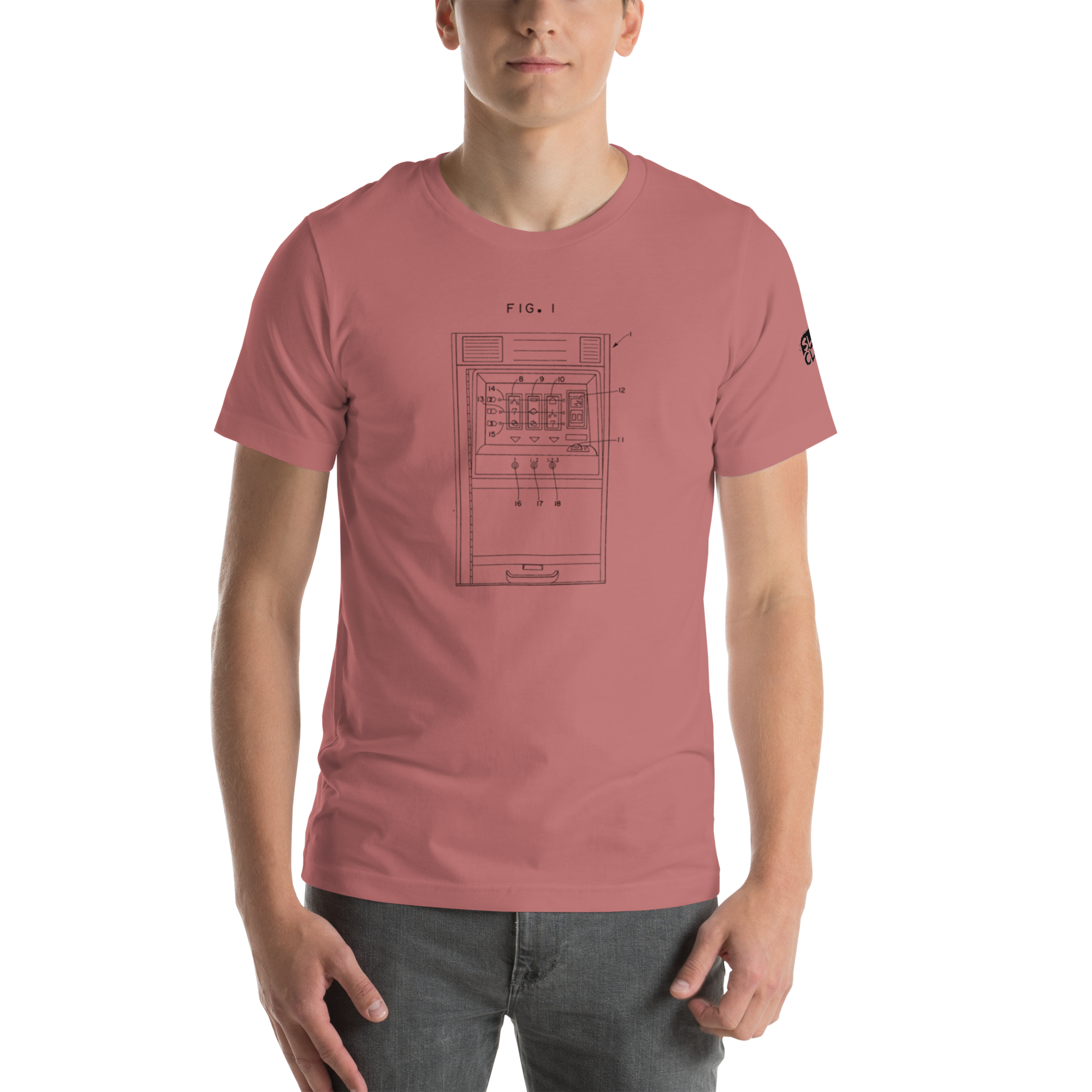 Pink t-shirt with slot machine patent diagram design, quirky casino-themed apparel for players