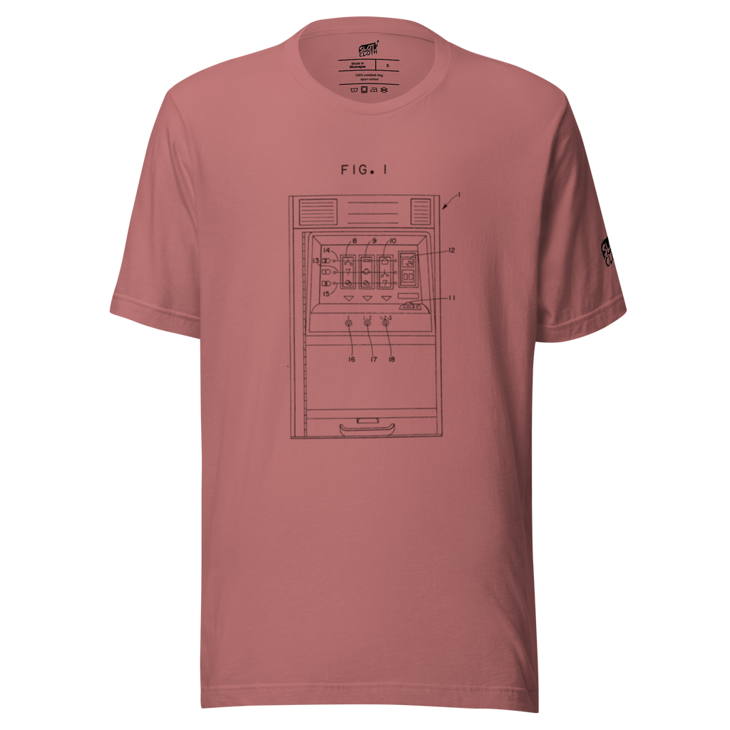 Pink t-shirt with slot machine diagram design, quirky gaming apparel for players
