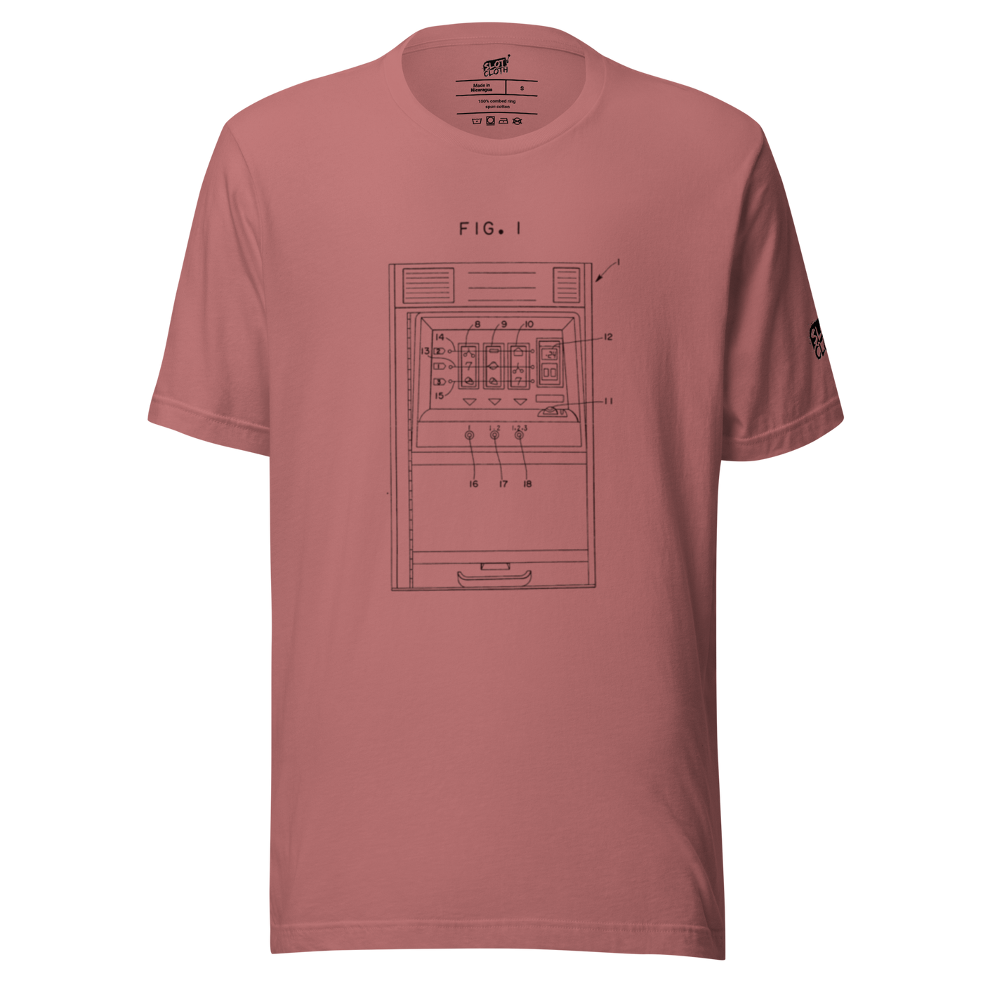 Pink t-shirt with slot machine diagram design, quirky gaming apparel for players