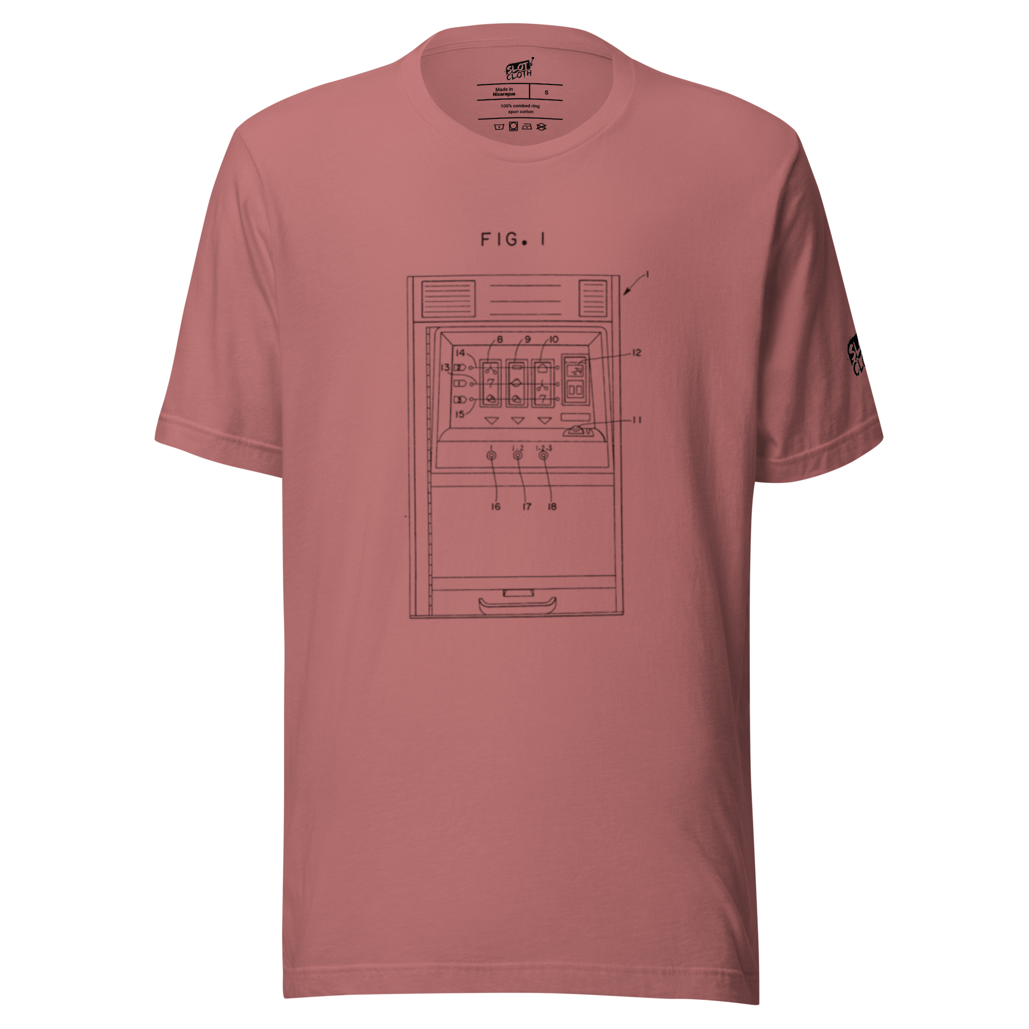 Pink t-shirt with slot machine diagram design, quirky gaming apparel for players