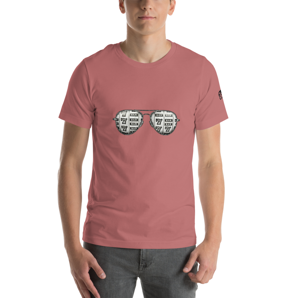 Pink t-shirt with slot machine sunglasses graphic, featuring 7s and BAR symbols for casino-themed apparel.