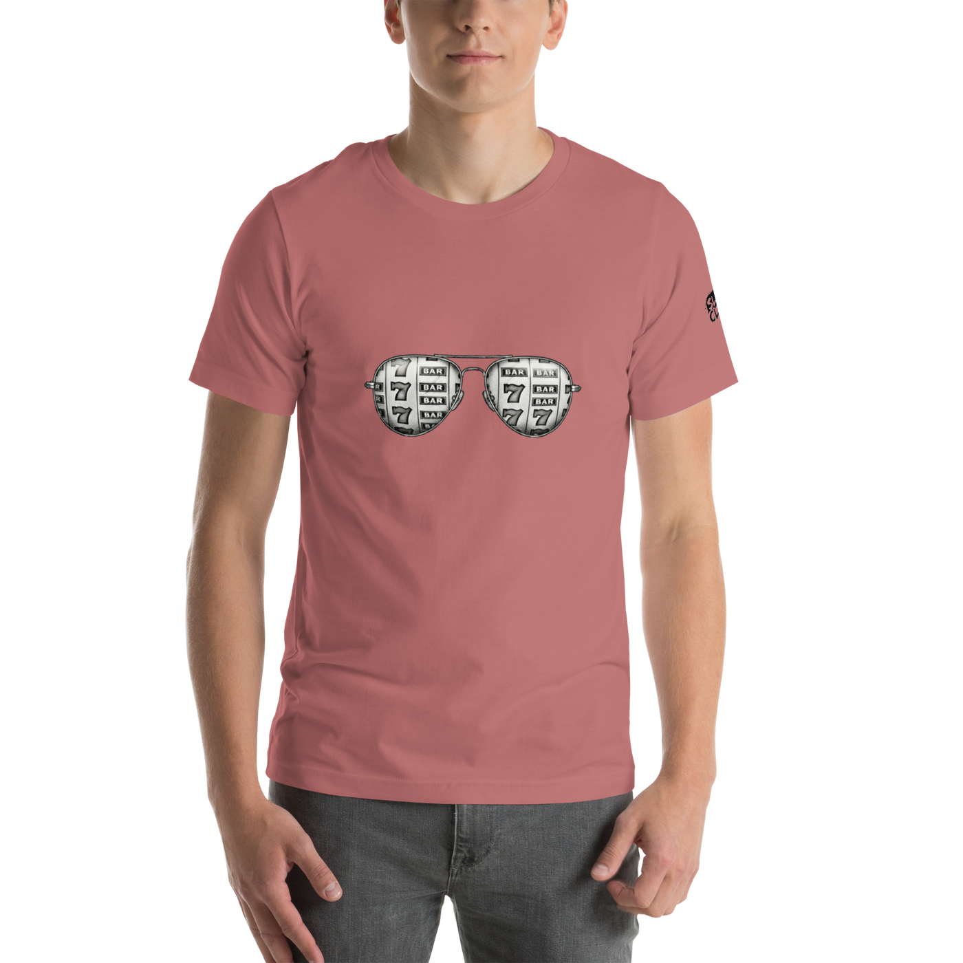 Pink t-shirt with slot machine sunglasses graphic, featuring 7s and BAR symbols for casino-themed apparel.