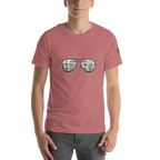 Pink t-shirt with slot machine sunglasses graphic, featuring 7s and BAR symbols for casino-themed apparel.