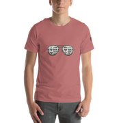 Pink t-shirt with slot machine sunglasses graphic, featuring 7s and BAR symbols for casino-themed apparel.