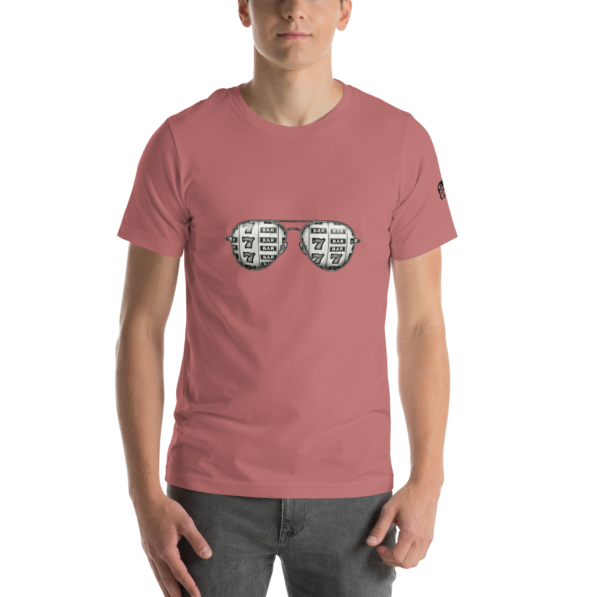 Pink t-shirt with slot machine sunglasses graphic, featuring 7s and BAR symbols for casino-themed apparel.