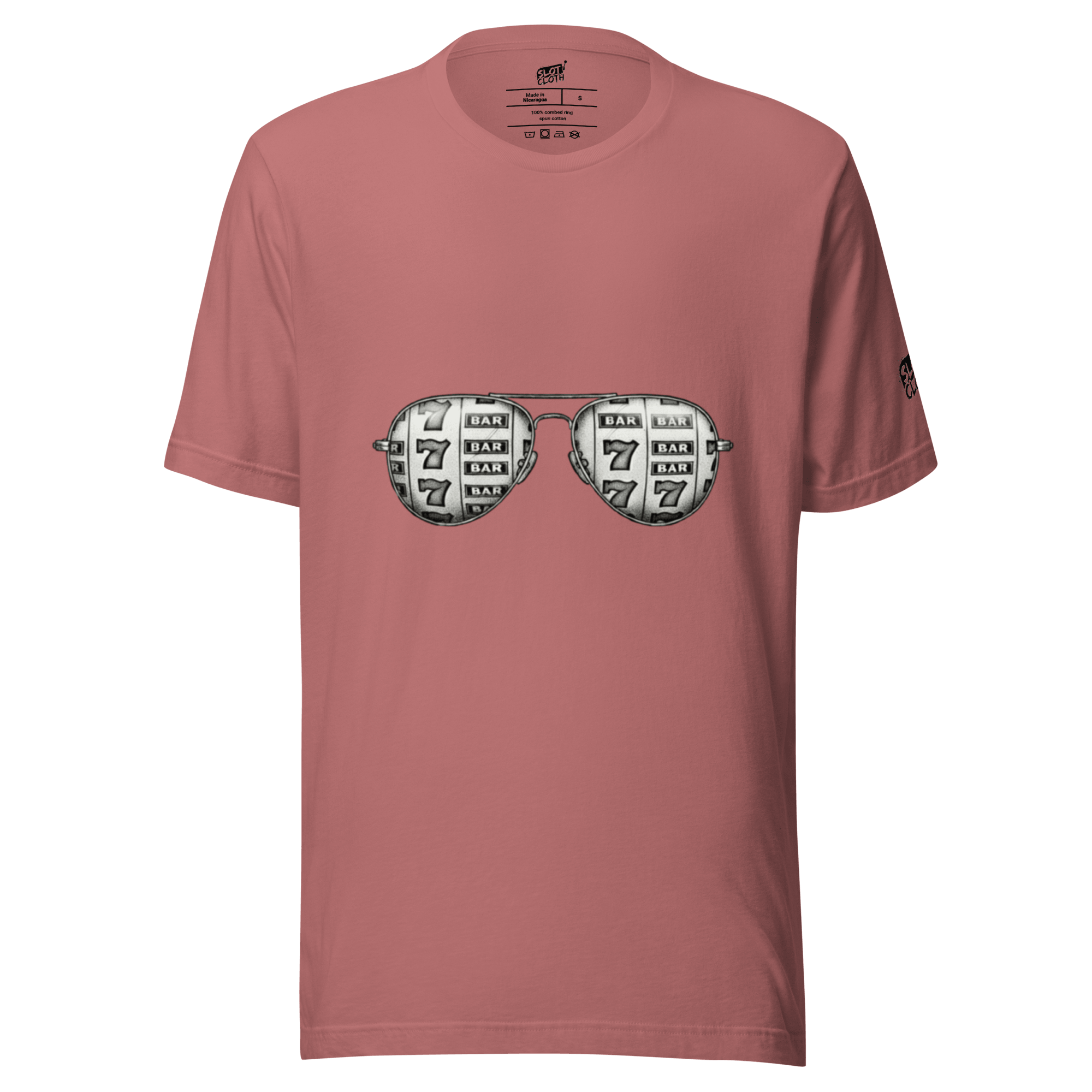 Pink t-shirt with slot machine sunglasses graphic, featuring 7s and BAR symbols for casino-themed fashion.