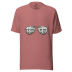 Pink t-shirt with slot machine sunglasses graphic, featuring 7s and BAR symbols for casino-themed fashion.