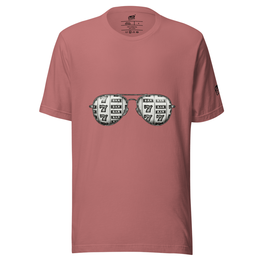 Pink t-shirt with slot machine sunglasses graphic, featuring 7s and BAR symbols for casino-themed fashion.