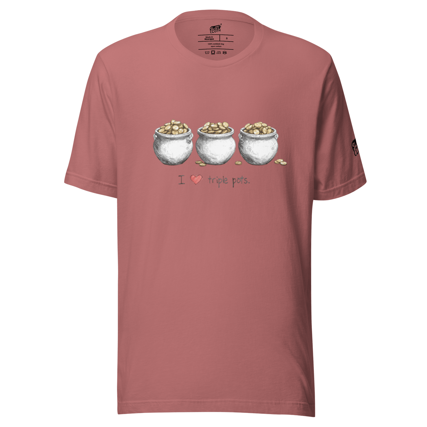 Pink t-shirt with 'I ❤️ triple pots' graphic, featuring three pots of gold coins, slot-themed apparel for players.