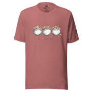 Pink t-shirt with 'I ❤️ triple pots' graphic, featuring three pots of gold coins, slot-themed apparel for players.