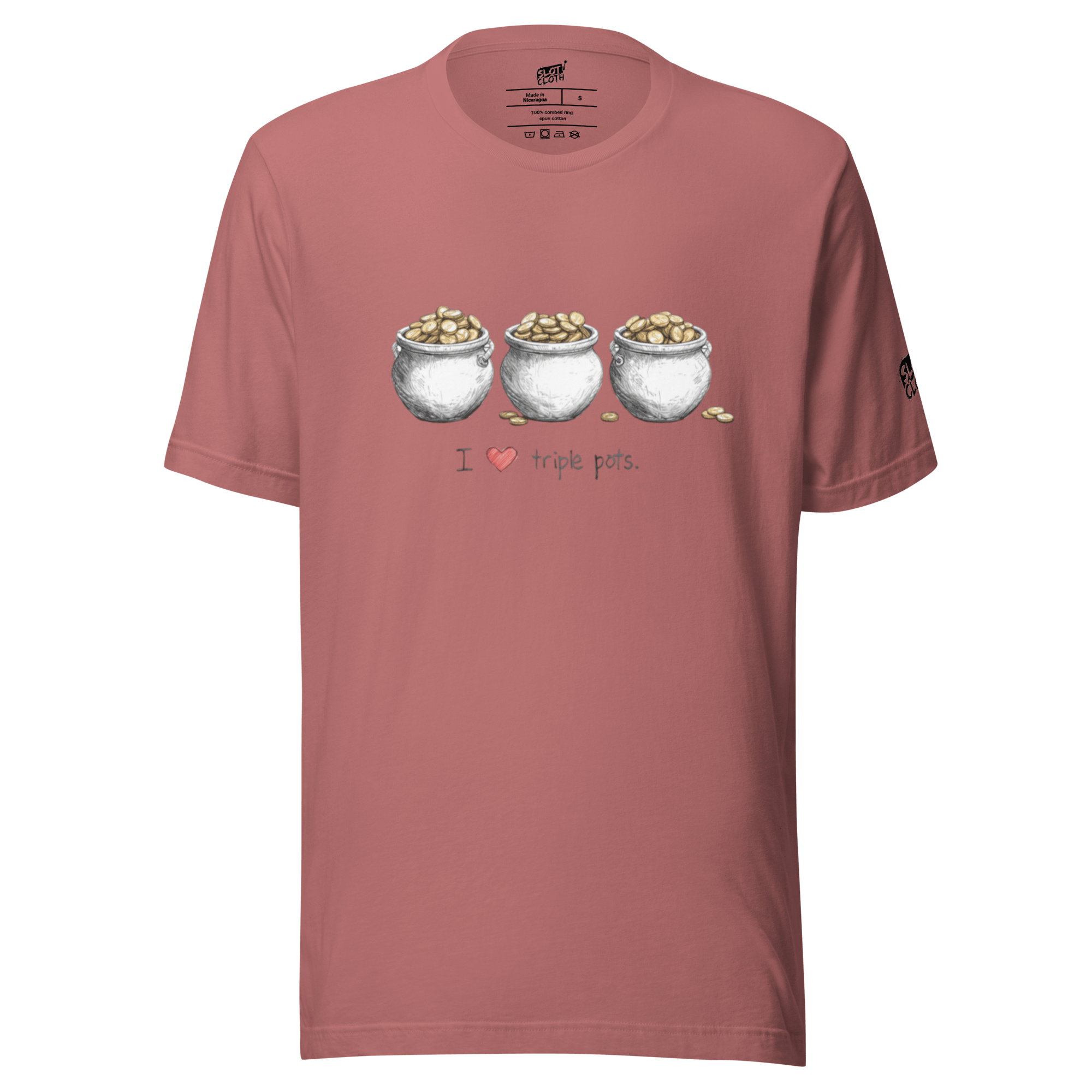 Pink t-shirt with 'I ❤️ triple pots' graphic, featuring three pots of gold coins, slot-themed apparel for players.