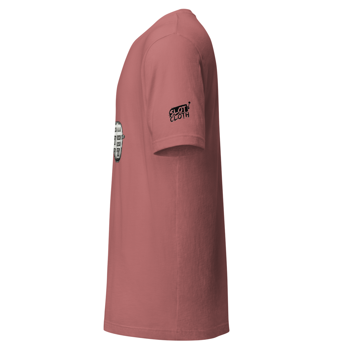 Dusty rose slot-themed T-shirt with 'Slot Cloth' logo and vintage slot machine graphic on sleeve