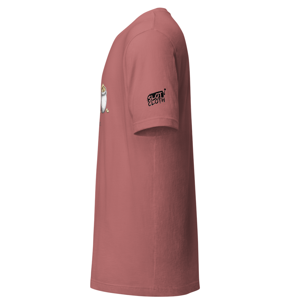 Dusty rose t-shirt with slot machine graphic and 'Slot Cloth' logo on sleeve, quirky casino-themed apparel