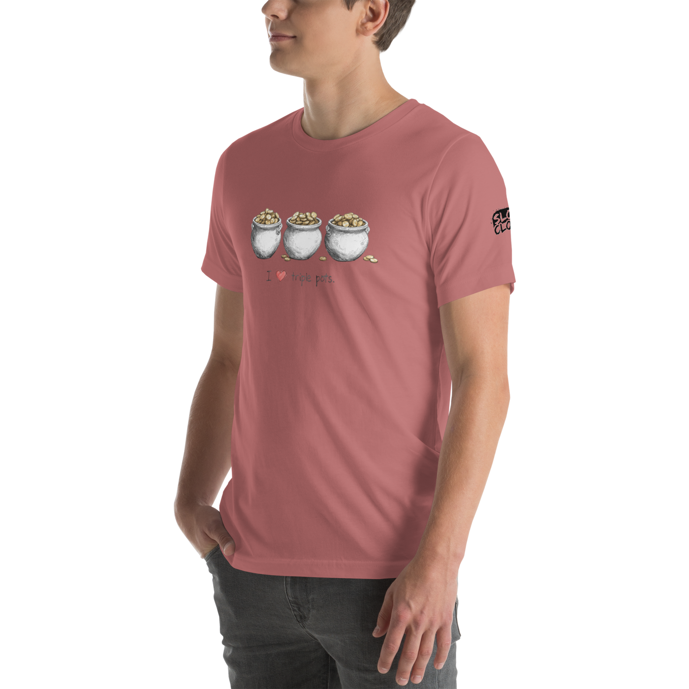 Pink t-shirt with 'I ❤️ triple pots' graphic, featuring three pots of gold coins, perfect for slot lovers.