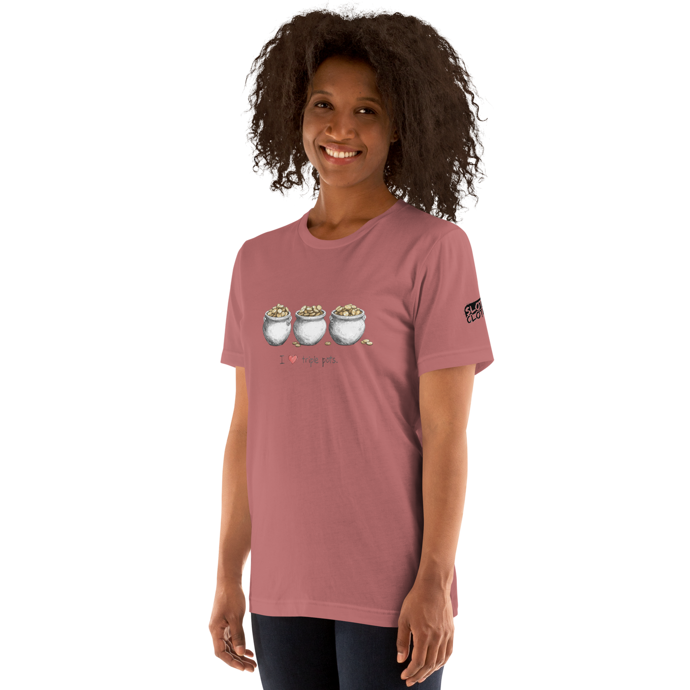 Woman wearing pink t-shirt with 'I ❤️ triple pots' and three pot graphics, slot-themed design