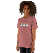 Woman wearing pink t-shirt with 'I ❤️ triple pots' and three pot graphics, slot-themed design