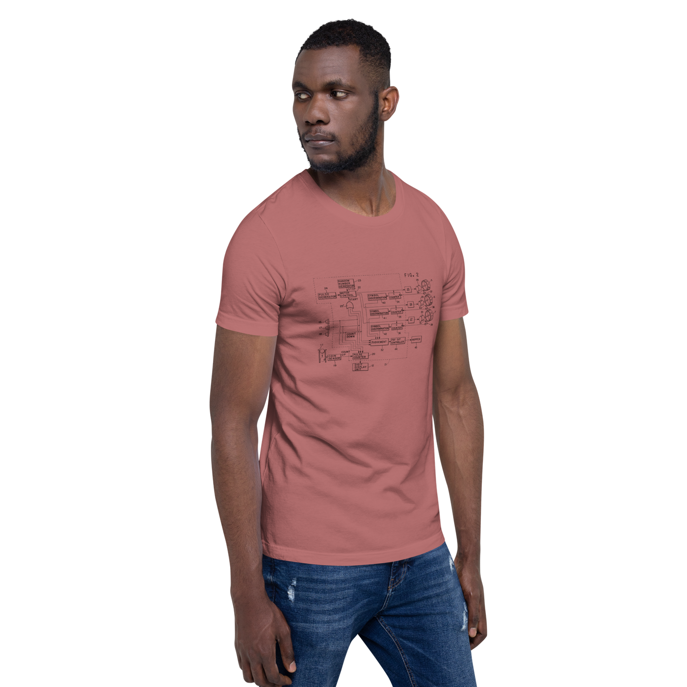 Man wearing dusty rose t-shirt with slot machine circuit diagram print, quirky gaming apparel for players